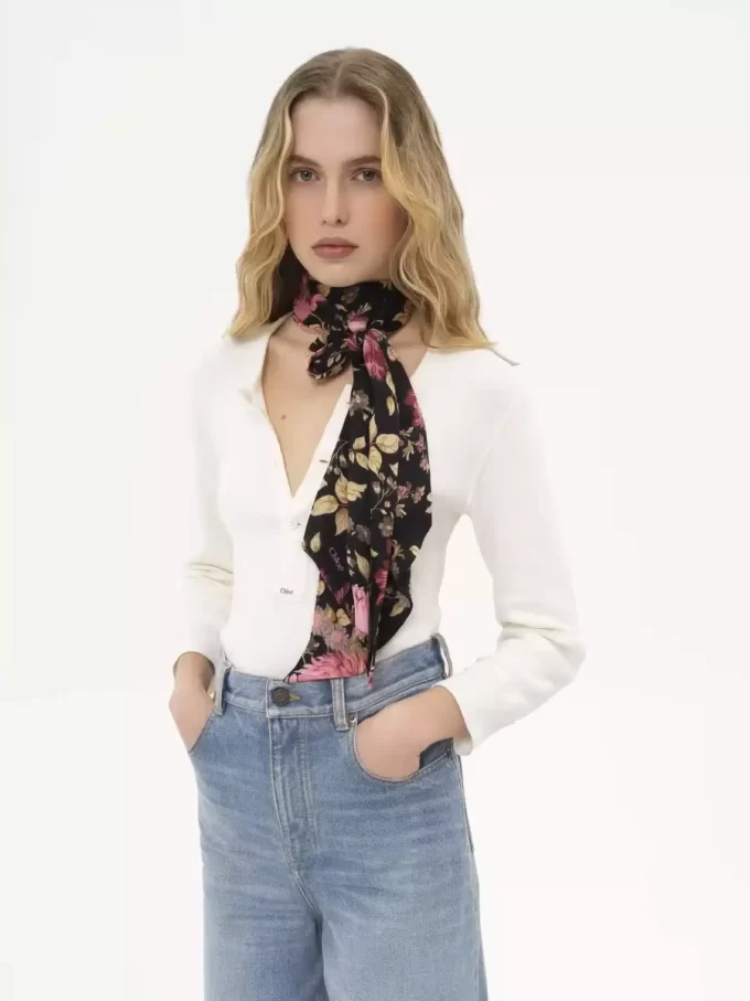 Chloé Peonies ipek charmeuse geniş bandeau atkı