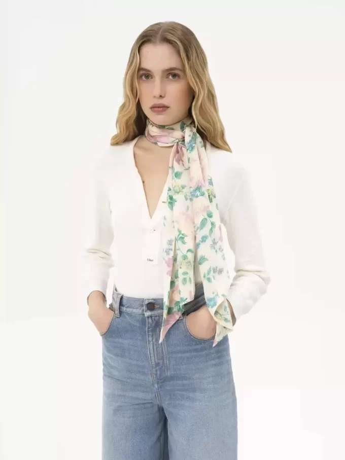 Chloé Peonies ipek charmeuse geniş bandeau atkı