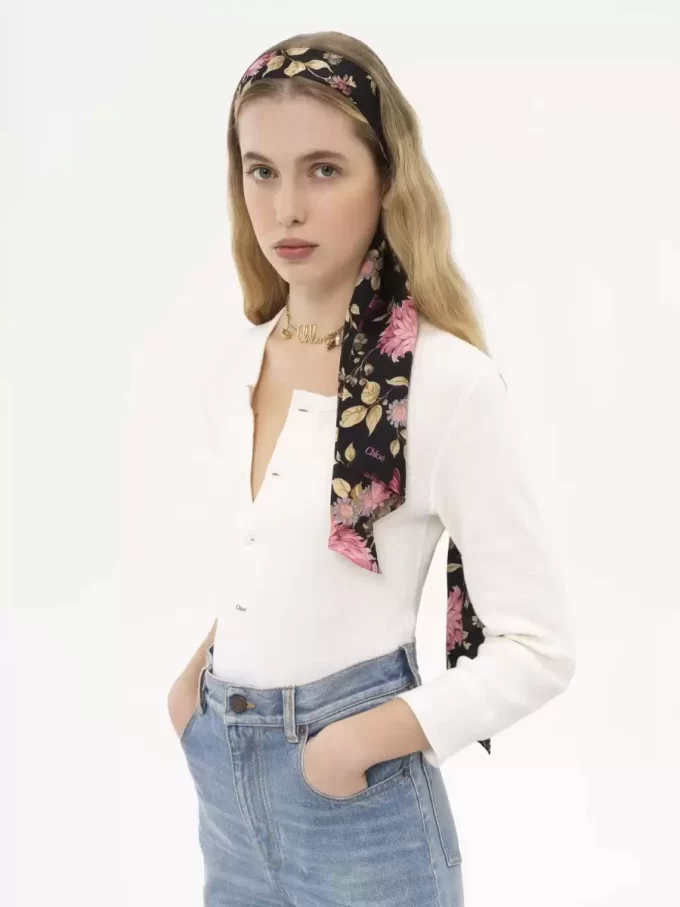 Chloé Peonies ipek charmeuse geniş bandeau atkı