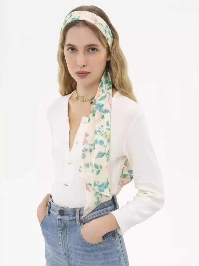 Chloé Peonies ipek charmeuse geniş bandeau atkı