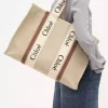 Keten kumaştan büyük Woody tote çanta