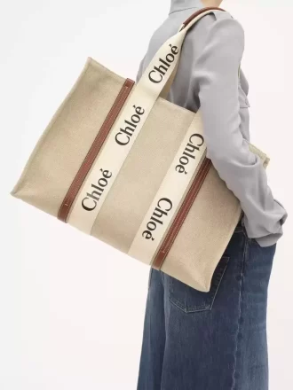Keten kumaştan büyük Woody tote çanta