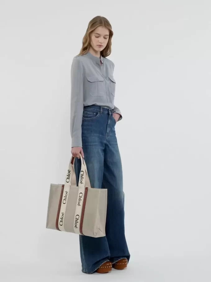 Keten kumaştan büyük Woody tote çanta