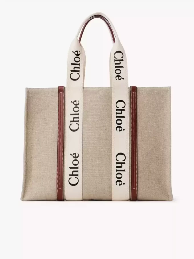 Keten kumaştan büyük Woody tote çanta
