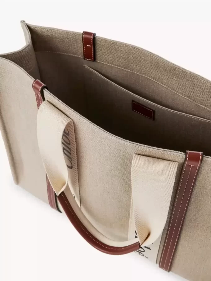 Keten kumaştan büyük Woody tote çanta