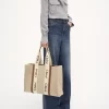 Keten kumaştan büyük Woody tote çanta