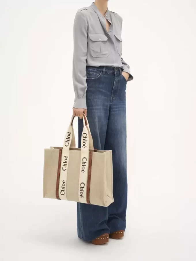 Keten kumaştan büyük Woody tote çanta