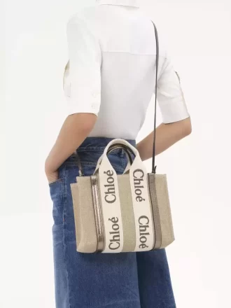 Keten ve deriden yapılmış küçük Woody tote çanta