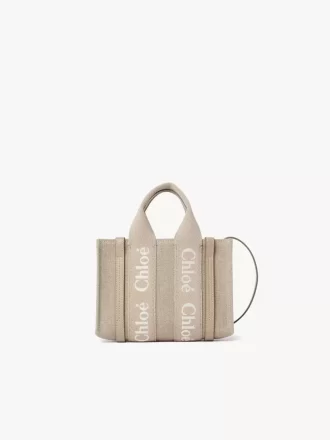 Keten ve deriden yapılmış mini Woody tote çanta Keten ve deriden yapılmış mini Woody tote çanta