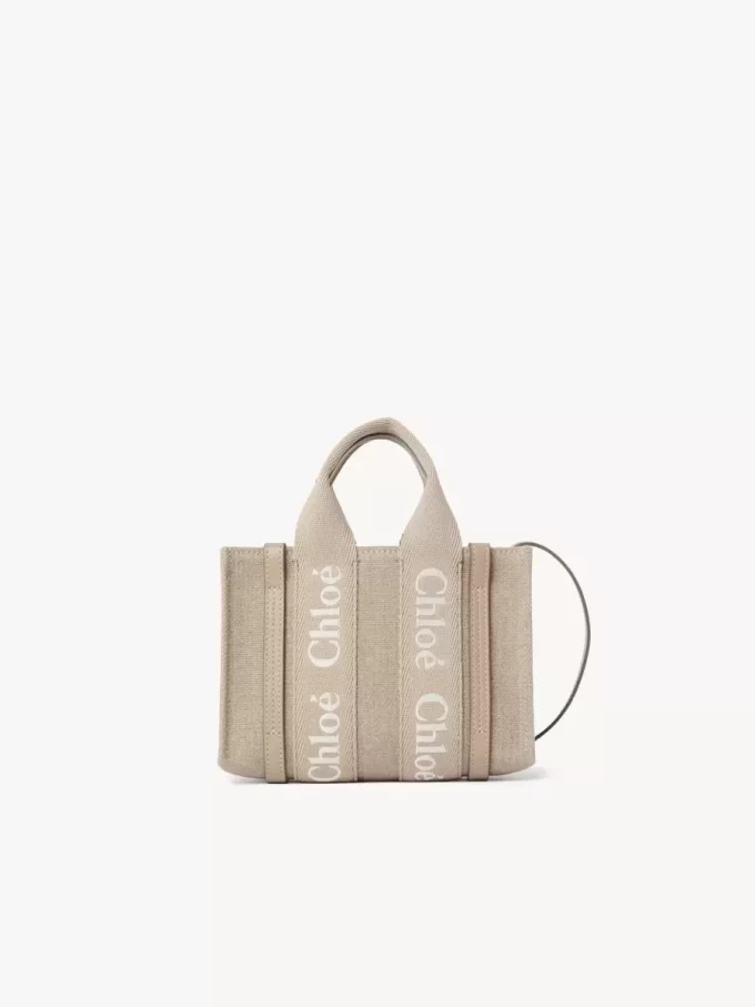 Keten ve deriden yapılmış mini Woody tote çanta Keten ve deriden yapılmış mini Woody tote çanta