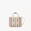 Keten ve deriden yapılmış mini Woody tote çanta Keten ve deriden yapılmış mini Woody tote çanta