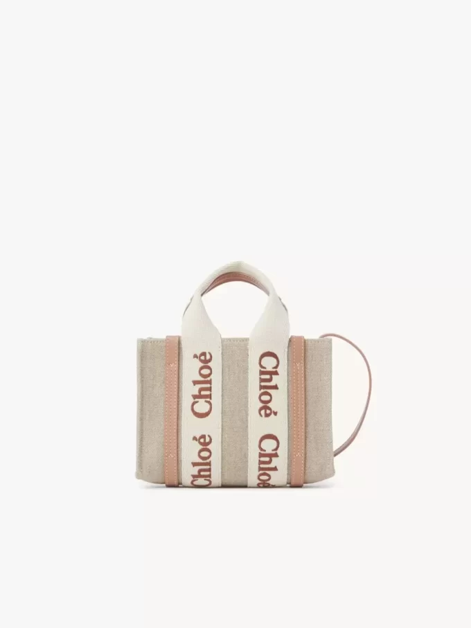 Keten ve deriden yapılmış mini Woody tote çanta Keten ve deriden yapılmış mini Woody tote çanta