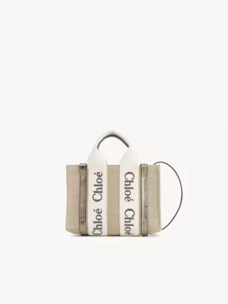 Keten ve deriden yapılmış mini Woody tote çanta Keten ve deriden yapılmış mini Woody tote çanta