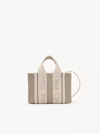 Keten ve deriden yapılmış mini Woody tote çanta Keten ve deriden yapılmış mini Woody tote çanta