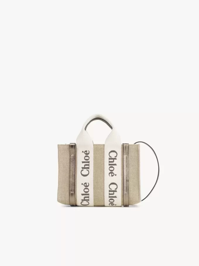 Keten ve deriden yapılmış mini Woody tote çanta Keten ve deriden yapılmış mini Woody tote çanta
