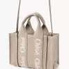 Keten ve deriden yapılmış mini Woody tote çanta Keten ve deriden yapılmış mini Woody tote çanta