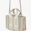 Keten ve deriden yapılmış mini Woody tote çanta Keten ve deriden yapılmış mini Woody tote çanta