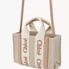 Keten ve deriden yapılmış mini Woody tote çanta Keten ve deriden yapılmış mini Woody tote çanta