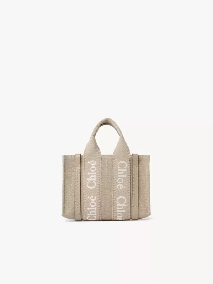 Keten ve deriden yapılmış mini Woody tote çanta Keten ve deriden yapılmış mini Woody tote çanta