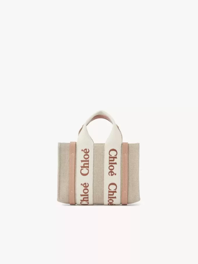 Keten ve deriden yapılmış mini Woody tote çanta Keten ve deriden yapılmış mini Woody tote çanta