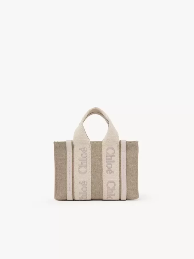Keten ve deriden yapılmış mini Woody tote çanta Keten ve deriden yapılmış mini Woody tote çanta