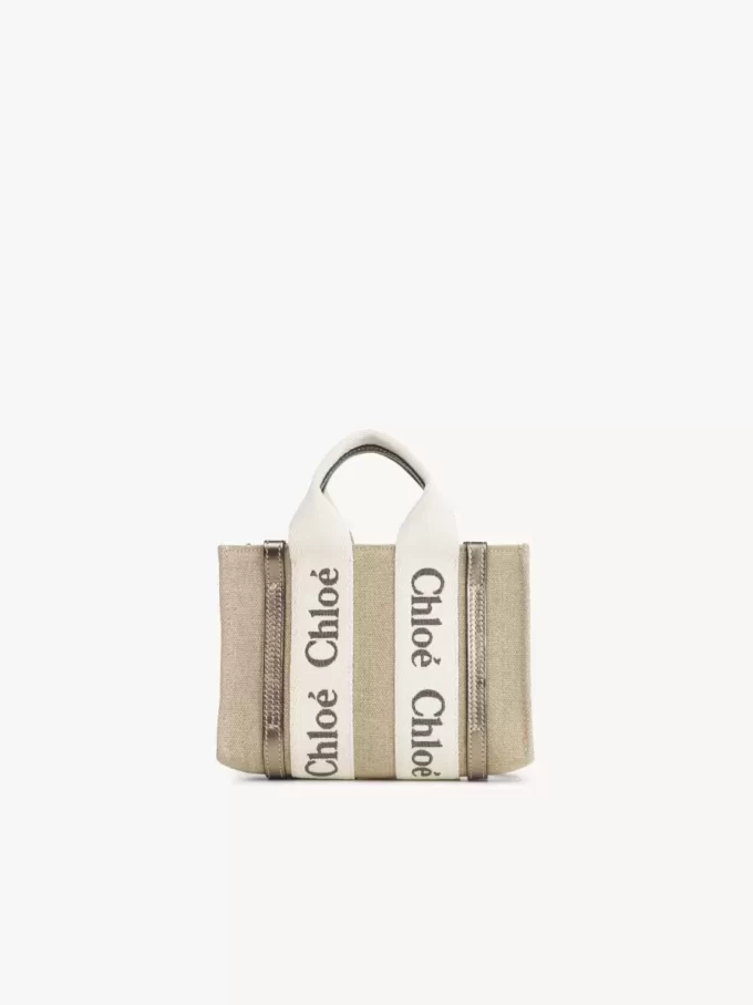 Keten ve deriden yapılmış mini Woody tote çanta Keten ve deriden yapılmış mini Woody tote çanta