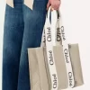 Keten ve deriden yapılmış Woody tote çanta