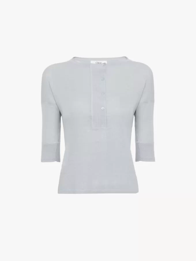 Keten ve ipek örme kısa kollu Henley gömlek Keten ve ipek örme kısa kollu Henley gömlek