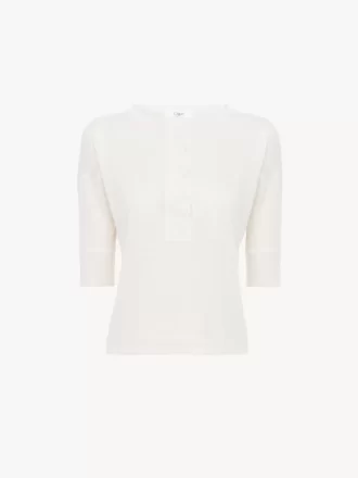 Keten ve ipek örme kısa kollu Henley gömlek