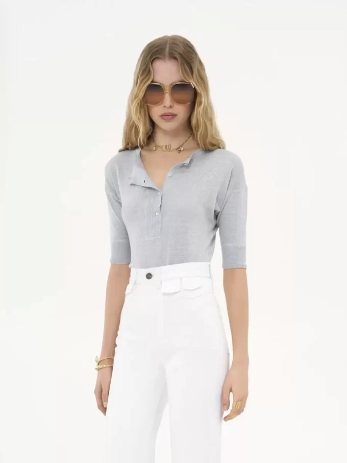 Keten ve ipek örme kısa kollu Henley gömlek Keten ve ipek örme kısa kollu Henley gömlek