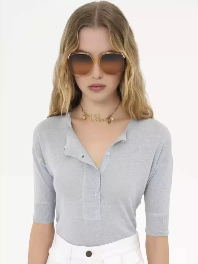 Keten ve ipek örme kısa kollu Henley gömlek Keten ve ipek örme kısa kollu Henley gömlek