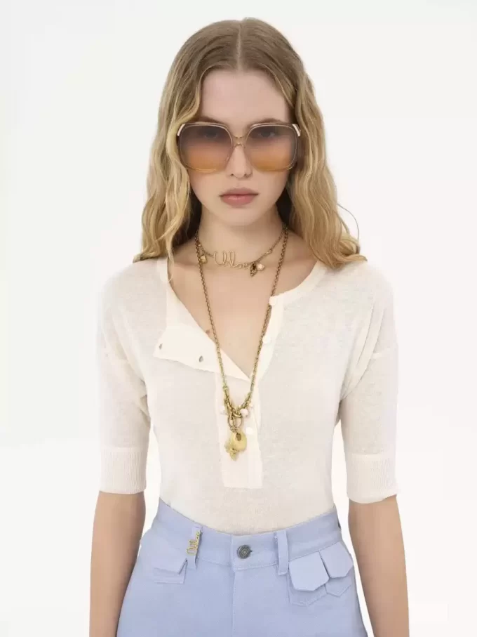 Keten ve ipek örme kısa kollu Henley gömlek Keten ve ipek örme kısa kollu Henley gömlek