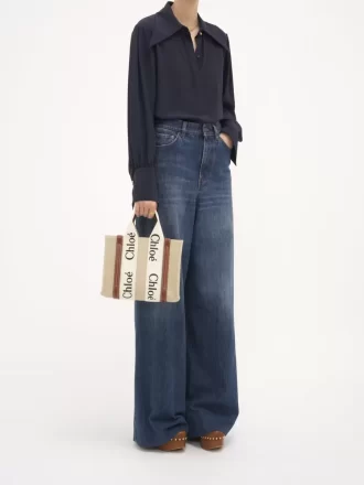 Ketenden yapılmış küçük Woody tote çanta