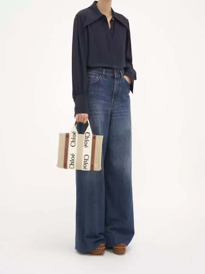 Ketenden yapılmış küçük Woody tote çanta Ketenden yapılmış küçük Woody tote çanta