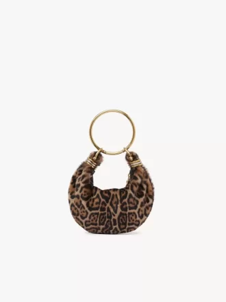 Leopar desenli koyun postundan yapılmış Mini Bileklik Hobo çanta