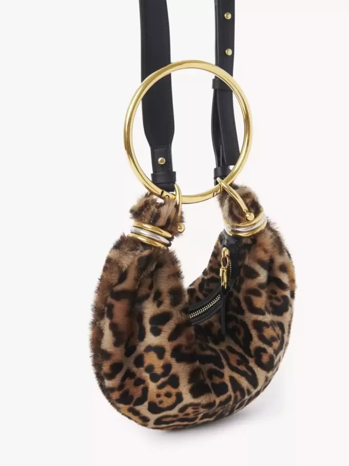 Leopar desenli koyun postundan yapılmış Mini Bileklik Hobo çanta Leopar desenli koyun postundan yapılmış Mini Bileklik Hobo çanta