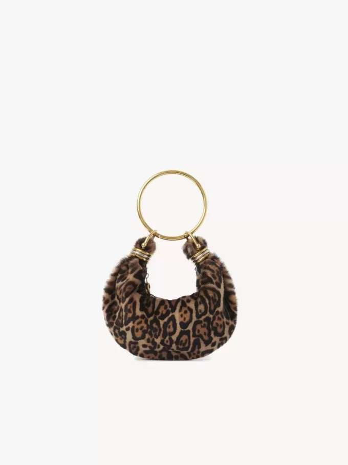 Leopar desenli koyun postundan yapılmış Mini Bileklik Hobo çanta Leopar desenli koyun postundan yapılmış Mini Bileklik Hobo çanta