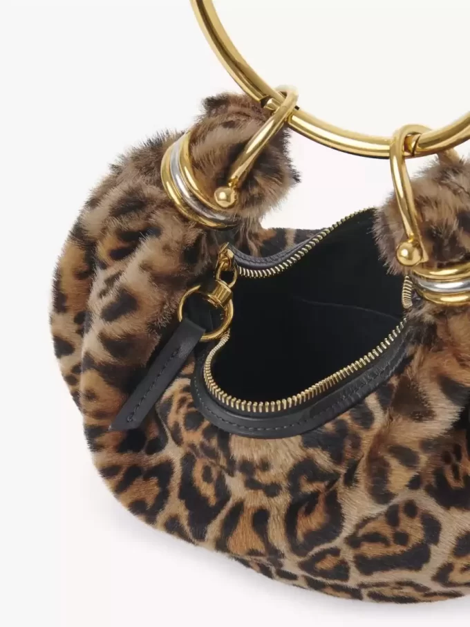 Leopar desenli koyun postundan yapılmış Mini Bileklik Hobo çanta Leopar desenli koyun postundan yapılmış Mini Bileklik Hobo çanta