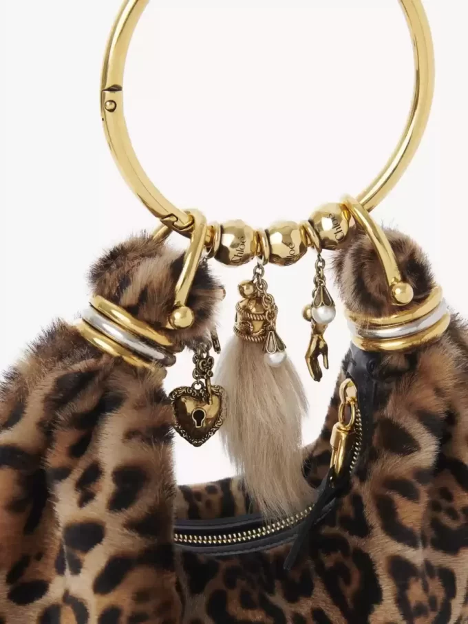 Leopar desenli koyun postundan yapılmış Mini Bileklik Hobo çanta Leopar desenli koyun postundan yapılmış Mini Bileklik Hobo çanta