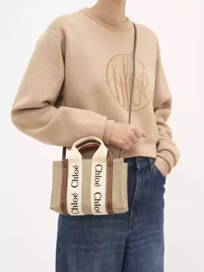 Mini Woody keten tote çanta Mini Woody keten tote çanta