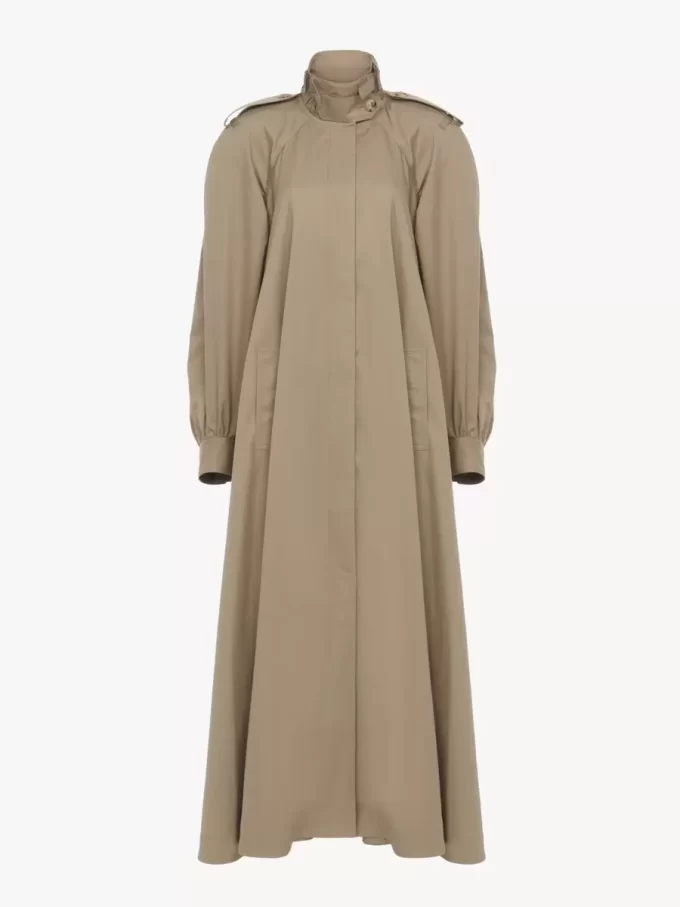 Pamuklu gabardin yüksek yakalı uzun trençkot Pamuklu gabardin yüksek yakalı uzun trençkot