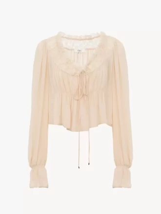 İpek jorjet ve dantelden yapılmış, yuvarlak yakalı, kısa üst