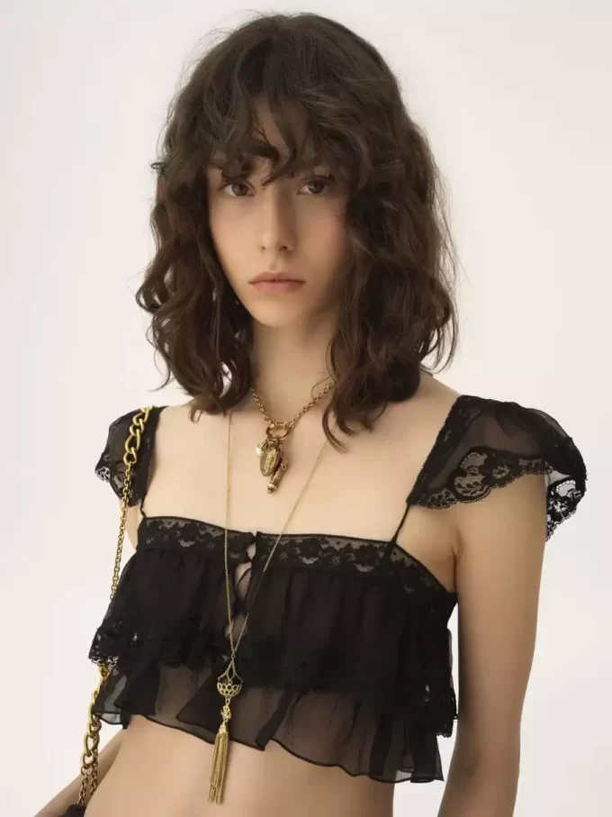 İpek muslin ve dantelden fırfırlı bralet İpek muslin ve dantelden fırfırlı bralet