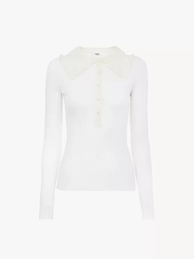 Süper ince yünlü örme ve dantel yakalı Henley gömlek Süper ince yünlü örme ve dantel yakalı Henley gömlek